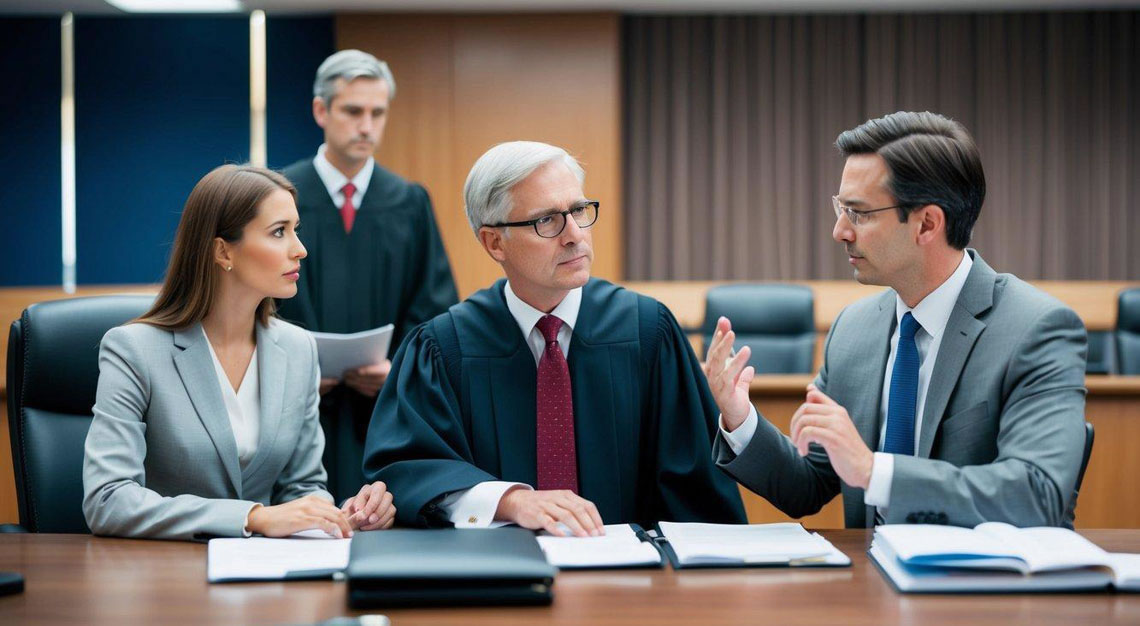 A courtroom scene with a judge, lawyer, and defendant discussing DUI charges